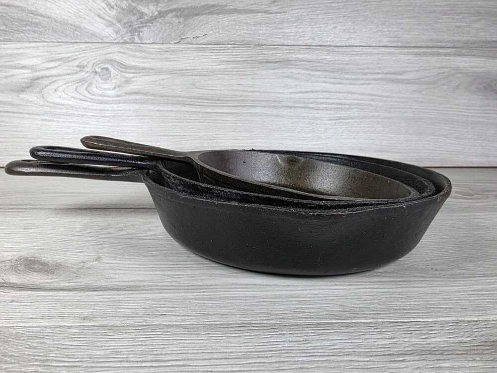 Set of 3 Cast Iron Skillets Traditional Utility Cookware USA and Korea Made SU29
